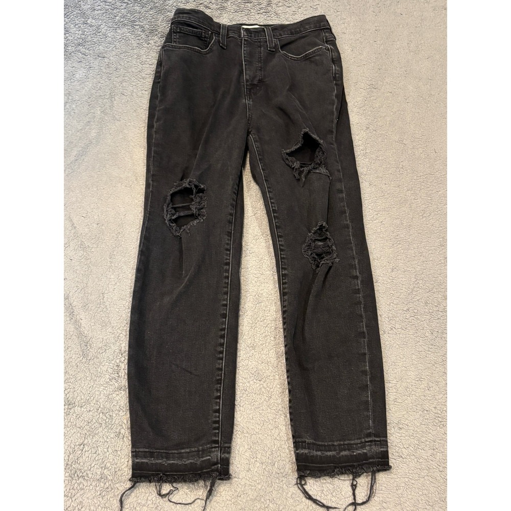 Madewell The Momjean Black Distressed High Rise Frayed Hem Denim Jeans Size 27